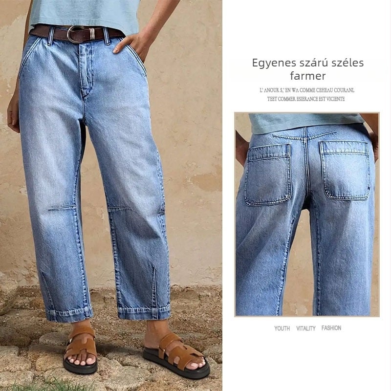 Farmernadrág, magas derekú, patchwork részletekkel, 9/10 hossz, enyhe nyúlás.