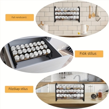 Háromszintes fűszerállvány üvegkelyhekkel és praktikus kiegészítőkkel, fúrásmentes szerelés, modern egyszerű stílus, fűszerpolc, 2014 téli bevezetés