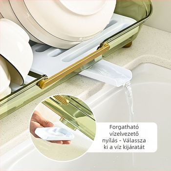 Műanyag leeresztő állvány téglalap alakú tálcával edényekhez és evőeszközökhöz