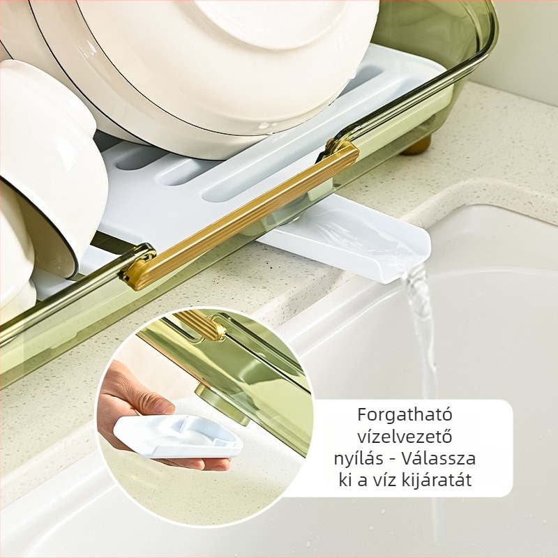 Műanyag leeresztő állvány téglalap alakú tálcával edényekhez és evőeszközökhöz