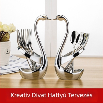 Houyang márkájú étkészlet desszertkanállal, kávéskanállal és gyümölcsvillával, tárolóállvánnyal, koreai stílus — egyszínű minta, első osztályú minőség