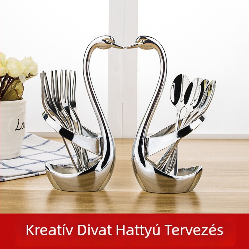 Houyang márkájú étkészlet desszertkanállal, kávéskanállal és gyümölcsvillával, tárolóállvánnyal, koreai stílus — egyszínű minta, első osztályú minőség