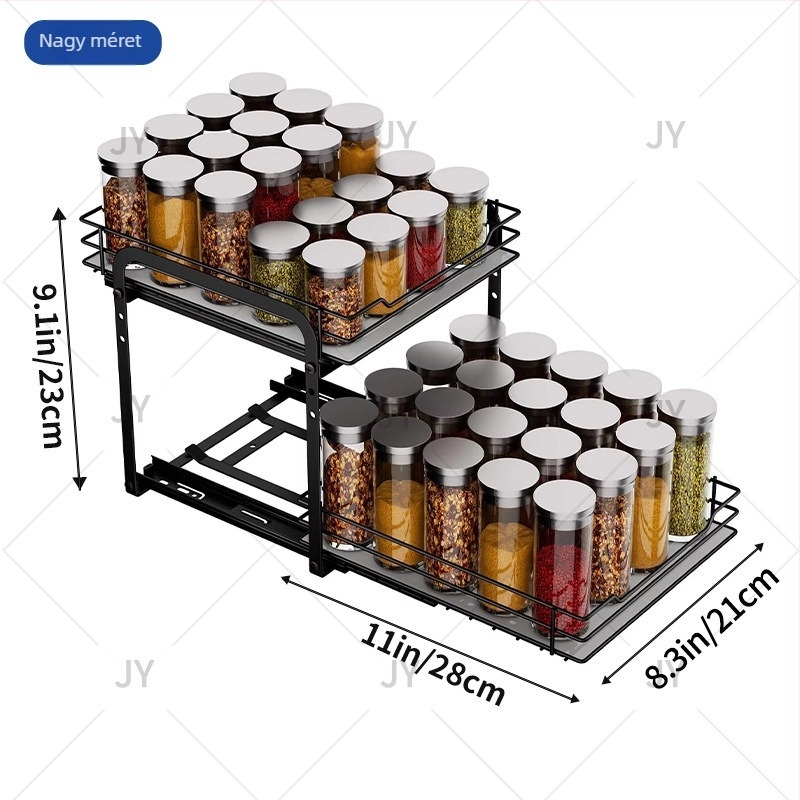 Kihúzható mosogató alatti állvány, karbonacélból, két szint, padlóra helyezhető, többfunkciós tároló