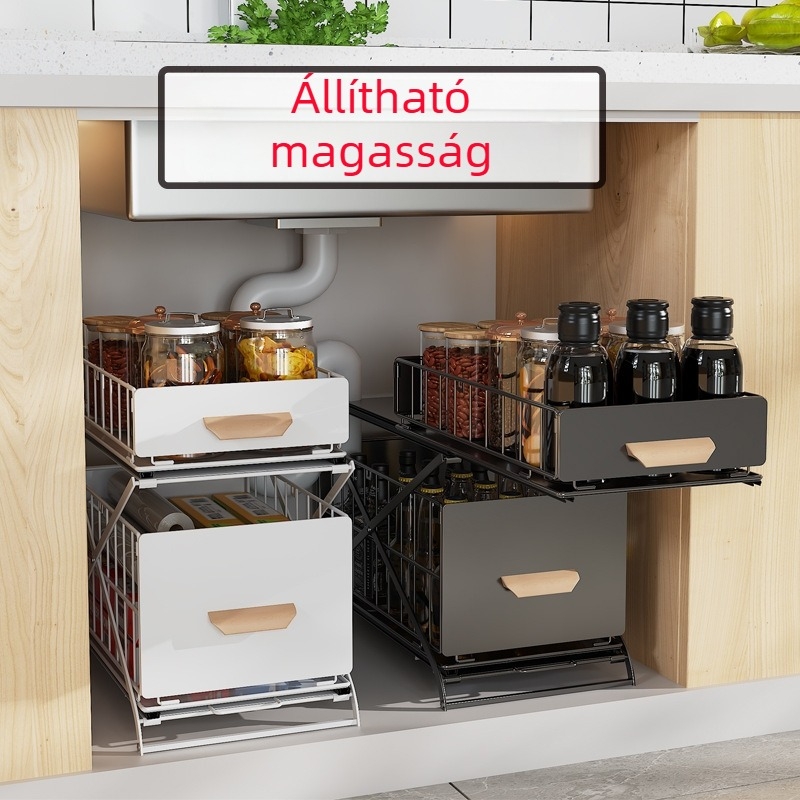 Állítható magasságú, csendes csúszó tároló polc mosogatóhoz és szekrényhez, 2 réteg, vasból készült, fa fogantyúval