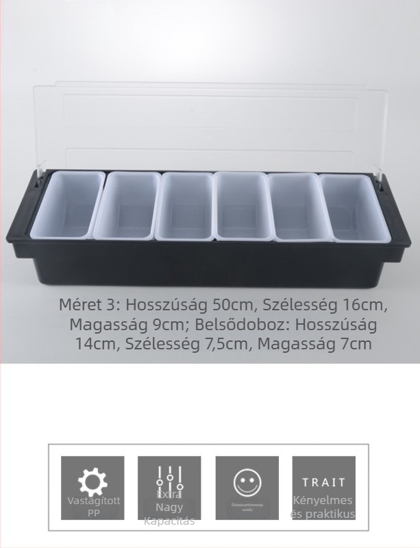 Bar-konyhai kiegészítő doboz fedéllel – többrekeszes gyümölcs- és fűszeres doboz tej-tea üzletekhez (3–6 rekesz), anyag PC