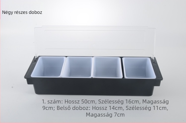 Bar-konyhai kiegészítő doboz fedéllel – többrekeszes gyümölcs- és fűszeres doboz tej-tea üzletekhez (3–6 rekesz), anyag PC