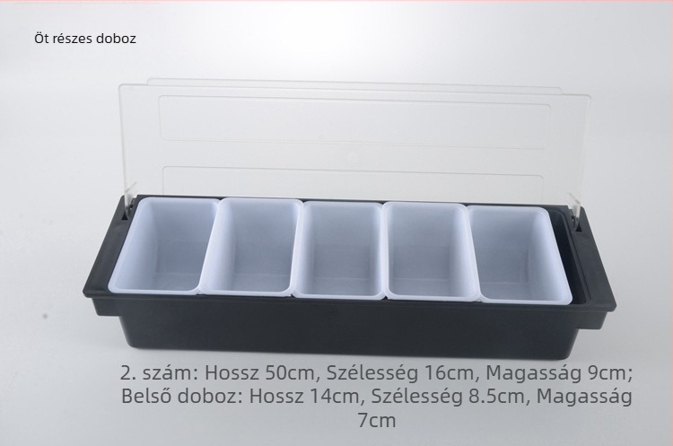 Bar-konyhai kiegészítő doboz fedéllel – többrekeszes gyümölcs- és fűszeres doboz tej-tea üzletekhez (3–6 rekesz), anyag PC