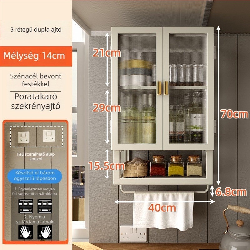 Falra szerelhető fürdőszobai tároló, 2–3 polccal, porfestett felülettel, modern minimalist stílus