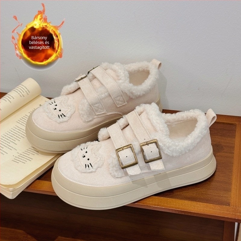Női mindennapi cipő fleece belsővel, felső rész szintetikus bőrből, Velcro-zárás, középső sarka 3–5 cm, kerek orr
