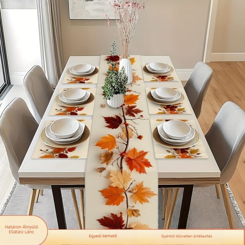 Asztali zászló a Hálaadás napjára, ősz juharlevél és virág minta, poliészter anyag, zászlóoszlop nélkül, kereszt-bord export exkluzív, zászló típusa: Egyéb