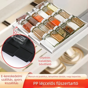 Asztali vízszintes fűszeres polc, állítható lépcsőzetes fiókokkal, hajtogatható (PP anyag, hajtogatható, furatmentes szerelés, 2024-es piacra dobva)
