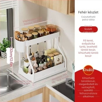 Kihúzható konyhai mosogató szervező, több szintes, R-típusú kialakítás, fűszertartó polc, műanyag konstrukció festett csővel