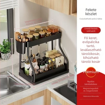 Kihúzható konyhai mosogató szervező, több szintes, R-típusú kialakítás, fűszertartó polc, műanyag konstrukció festett csővel