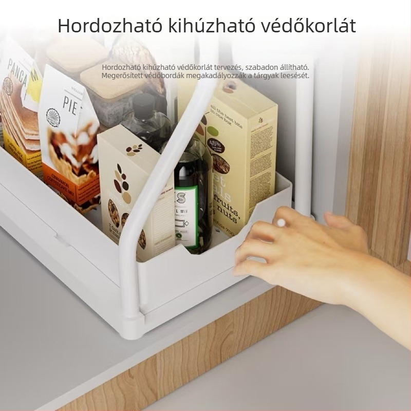 Kihúzható konyhai mosogató szervező, több szintes, R-típusú kialakítás, fűszertartó polc, műanyag konstrukció festett csővel