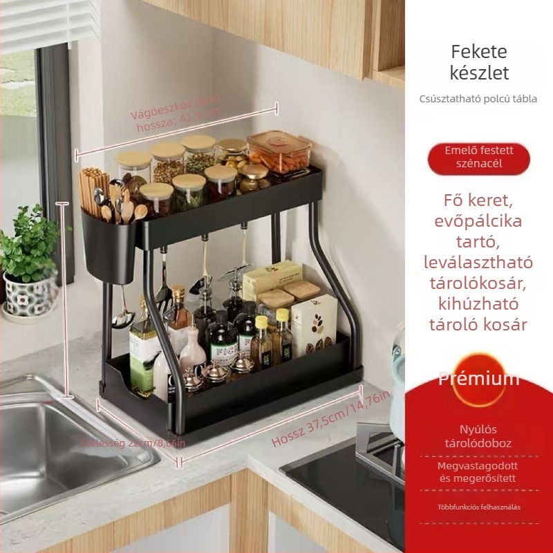 Kihúzható konyhai mosogató szervező, több szintes, R-típusú kialakítás, fűszertartó polc, műanyag konstrukció festett csővel