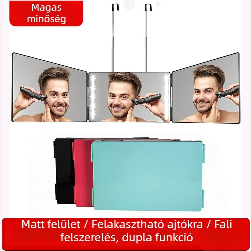 Sminktükör ABS kerettel, alumínium tükrövel, háromrészes összecsukható kialakítás, kihúzható akasztó, logó nyomtatás