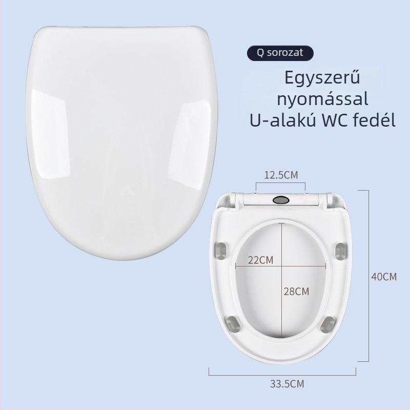 WC-fedél univerzális illeszkedés, egygombos gyorskioldó, U-formájú kialakítás, csillapítóval lágy zárás, PP lemez, a furatok közötti távolság 11 cm, állítható rögzítőlyukak