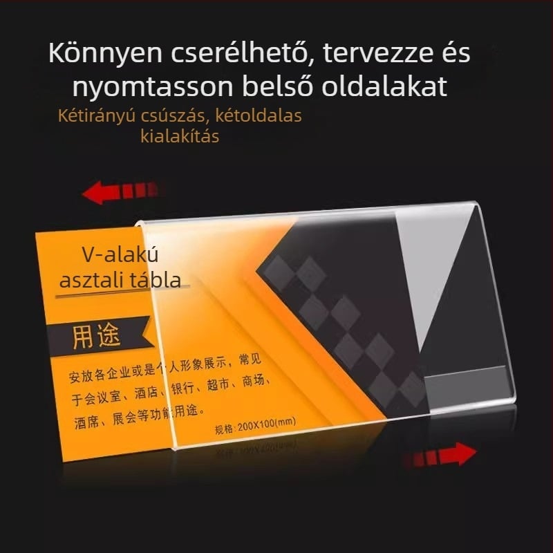 Diák névjegy, V-alakú háromszögű üléshez (akril; kiállítási állvány; asztali kijelző)