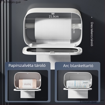 Fali vécépapír-díszítő adagoló tolható dobozzal, modern minimalista stílus, modell elzjh03, anyagok: PET panel/keret, ABS alsó burkolat, NdFeB mágnes, PVC görgő