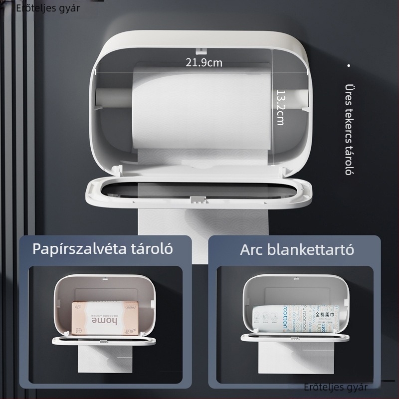 Fali vécépapír-díszítő adagoló tolható dobozzal, modern minimalista stílus, modell elzjh03, anyagok: PET panel/keret, ABS alsó burkolat, NdFeB mágnes, PVC görgő