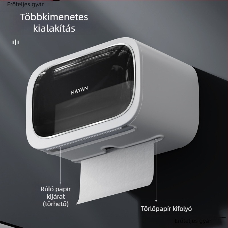Fali vécépapír-díszítő adagoló tolható dobozzal, modern minimalista stílus, modell elzjh03, anyagok: PET panel/keret, ABS alsó burkolat, NdFeB mágnes, PVC görgő