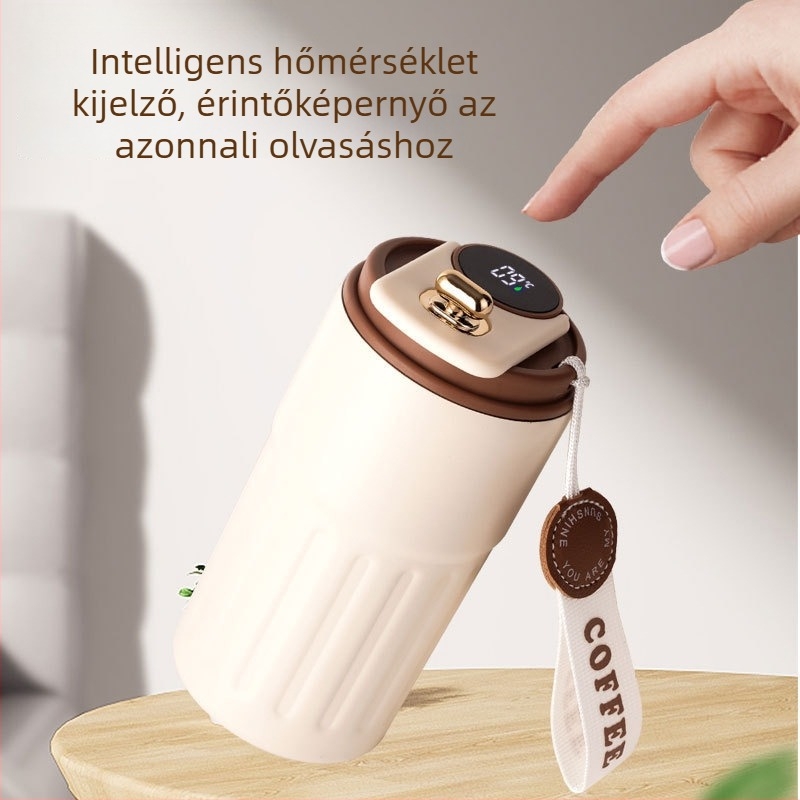 Intelligens hőmérséklet-szenzoros termosz kávéhoz, vákuum-szigetelés, belső 316 rozsdamentes acél, hordozható kötéllel