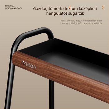 Forgó, két szintes fűszertartó a konyhaasztalra — karbonacél és tömörfa szerkezet, modern-minimalista és középkori stílus