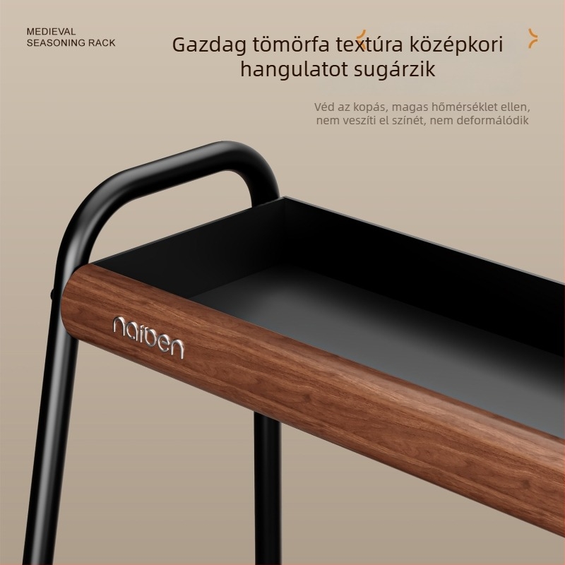 Forgó, két szintes fűszertartó a konyhaasztalra — karbonacél és tömörfa szerkezet, modern-minimalista és középkori stílus