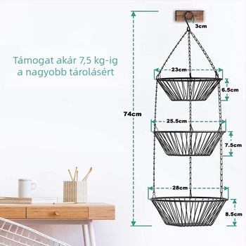Háromrétegű vas gyümölcsakasztó kosár, lyukas dizájn, összecsukható, modern minimalist stílus