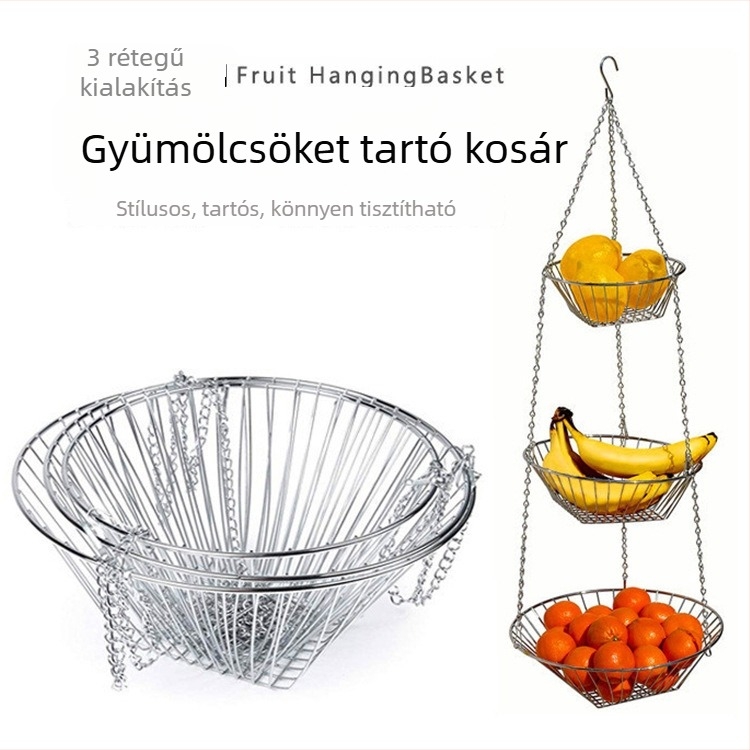 Háromrétegű vas gyümölcsakasztó kosár, lyukas dizájn, összecsukható, modern minimalist stílus