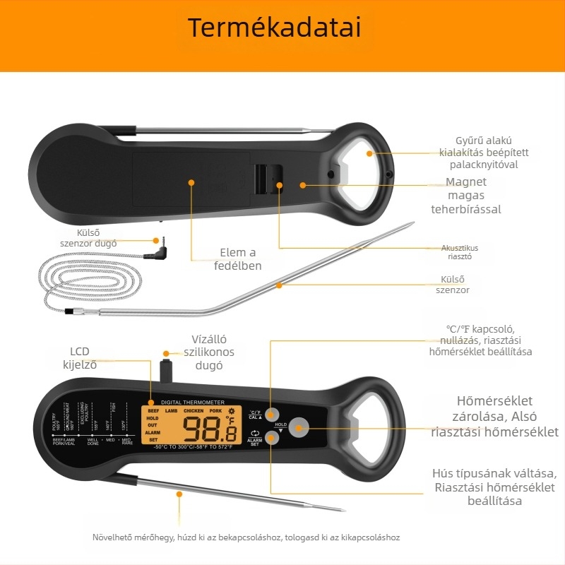 Összecsukható vízálló élelmiszerhőmérő, kettős szenzorral – 0,1°C felbontás