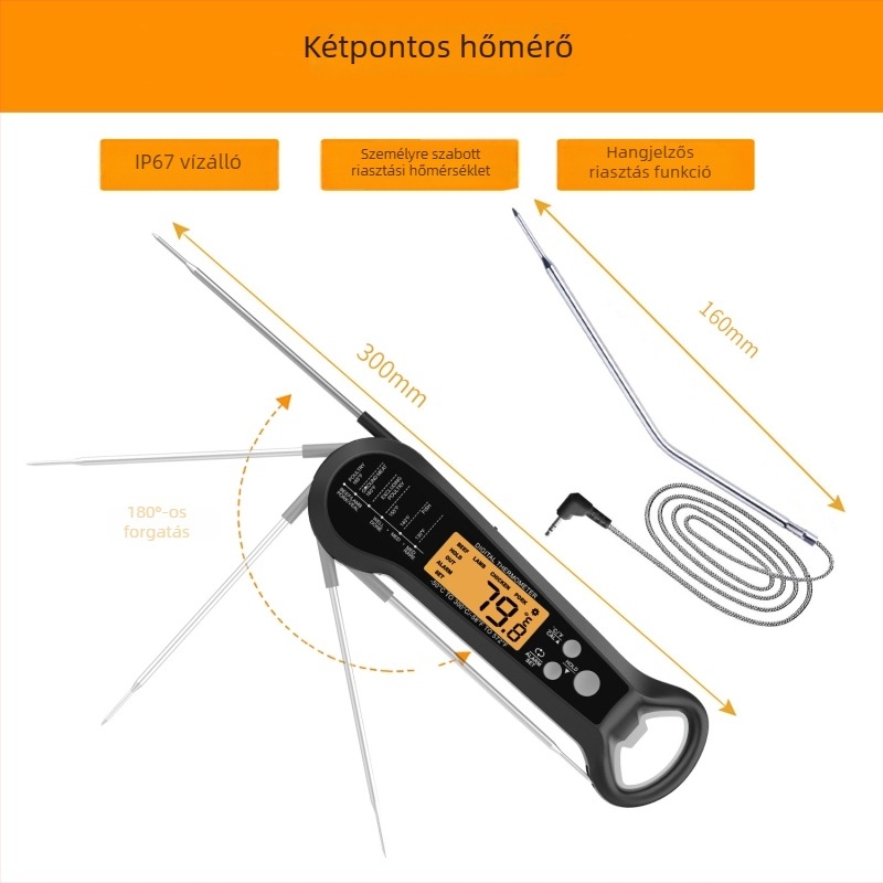 Összecsukható vízálló élelmiszerhőmérő, kettős szenzorral – 0,1°C felbontás