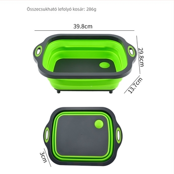 3-in-1 összecsukható leeresztő kosár zöldségekhez, beépített mosófelülettel és vágólappal, PP+TPR