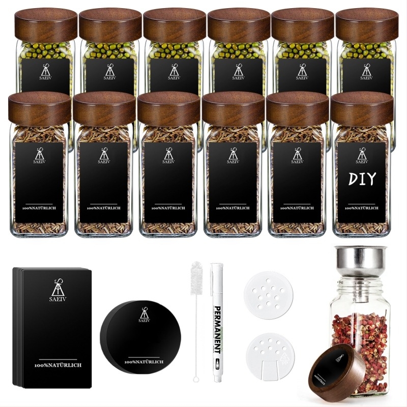 Üveges fűszerszertartó készlet bambusz-, alumínium- vagy akácfa fedéllel