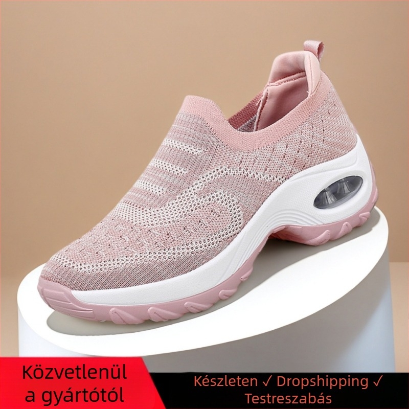 Női Fly-Knit cipő légpárnával, alacsony felső rész, kerek orr, gumírozott talp, klínos sarok 3–5 cm