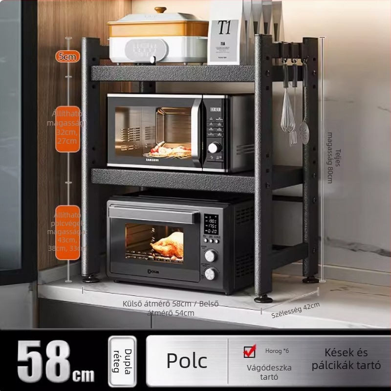 Teleszkópos konyhai tárolóállvány mikrohullámú sütő és asztali sütő számára, fém, egyszintes vagy kétszintes kivitel, nordic stílus