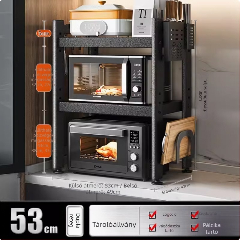 Teleszkópos konyhai tárolóállvány mikrohullámú sütő és asztali sütő számára, fém, egyszintes vagy kétszintes kivitel, nordic stílus