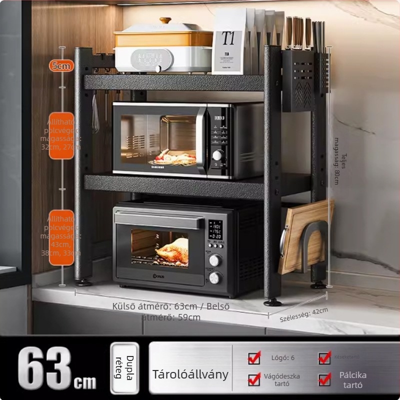 Teleszkópos konyhai tárolóállvány mikrohullámú sütő és asztali sütő számára, fém, egyszintes vagy kétszintes kivitel, nordic stílus