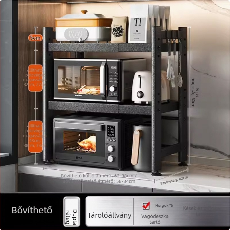 Teleszkópos konyhai tárolóállvány mikrohullámú sütő és asztali sütő számára, fém, egyszintes vagy kétszintes kivitel, nordic stílus