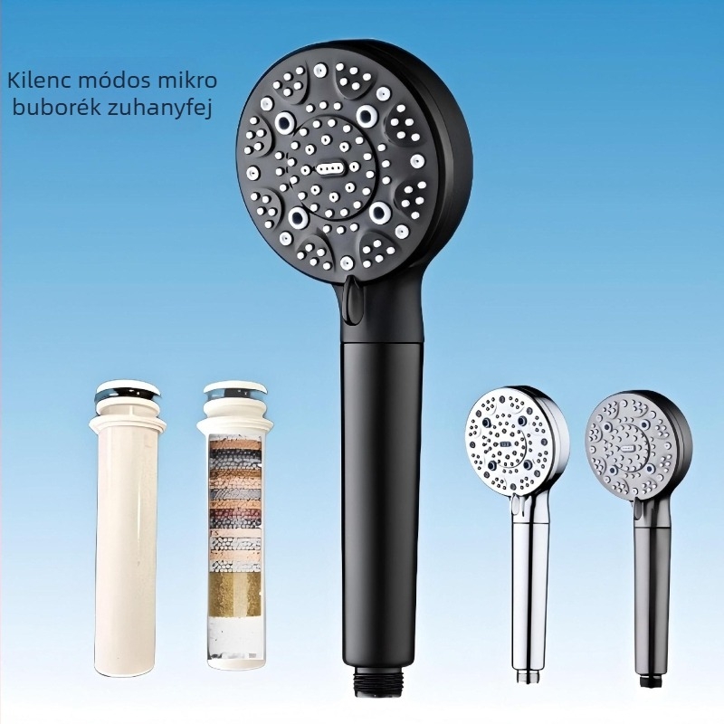 Szállítható ABS zuhanyfej, modell C-2501, csavaros felszerelés, kerek kialakítás, modern minimalist design; funkciók: permetezés, masszázs, buborékok, eső; testreszabás elérhető