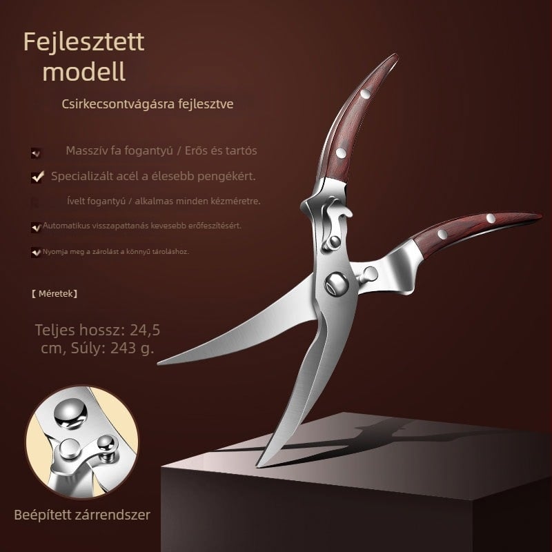 Többfunkciós konyhai csontolló 430 rozsdamentes acél pengével és fa fogantyúval, AKL márka, privát címkézésre alkalmas, piacra kerülés 2024