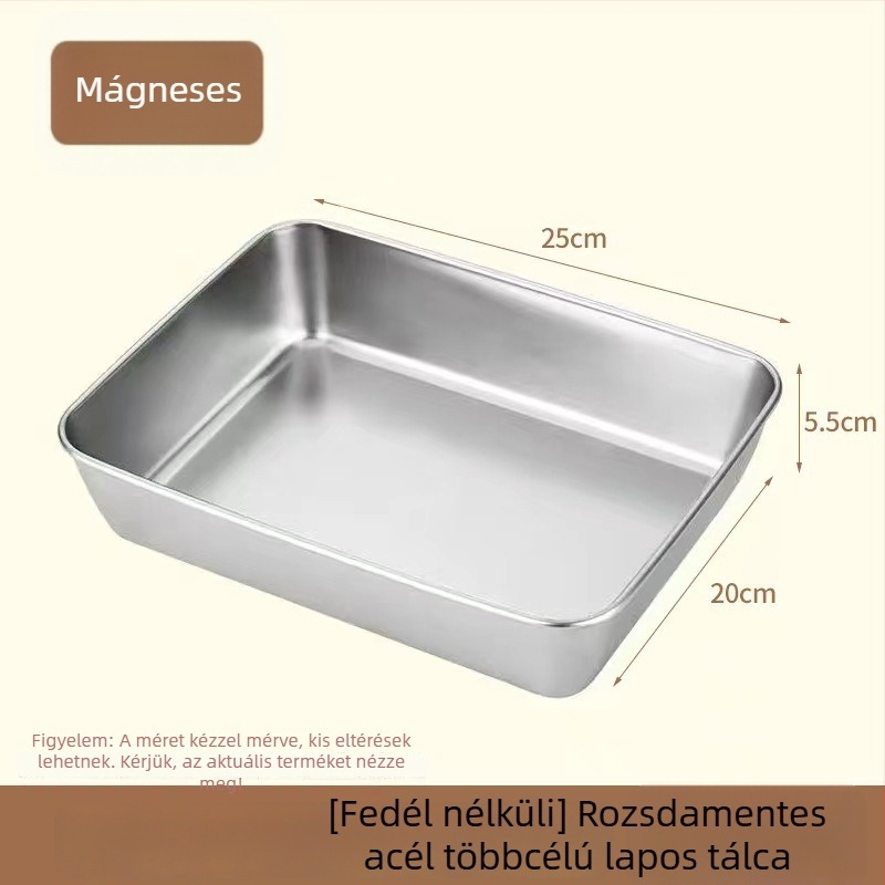 Rozsdamentes acélból készült téglalap alakú hűtőszekrény tárolóedény fedővel, zárható