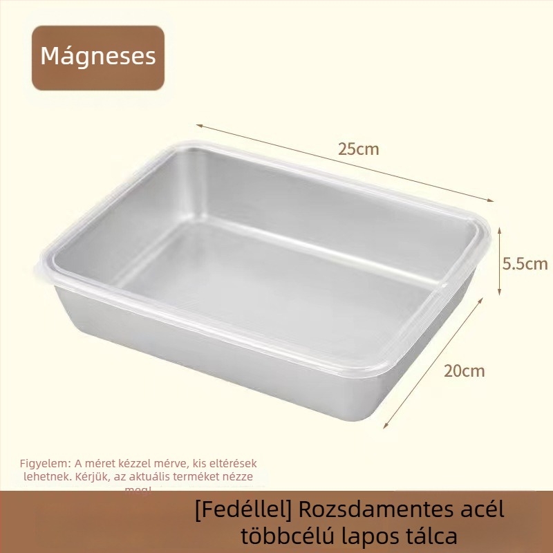 Rozsdamentes acélból készült téglalap alakú hűtőszekrény tárolóedény fedővel, zárható
