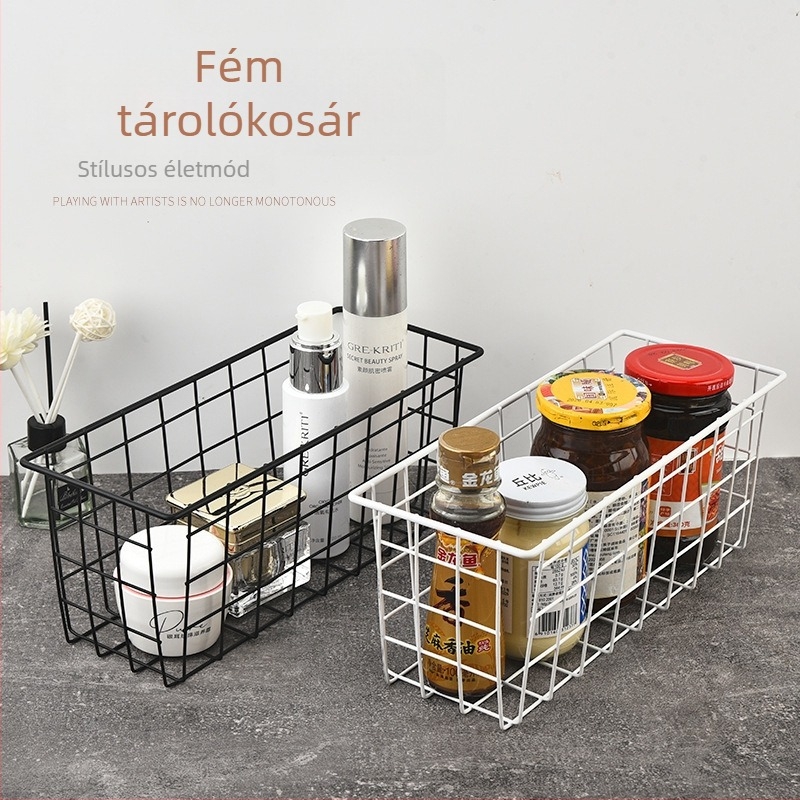 kovácsoltvasból készült tárolókosár asztali rendezéshez, modern minimalista stílus, vasdrót