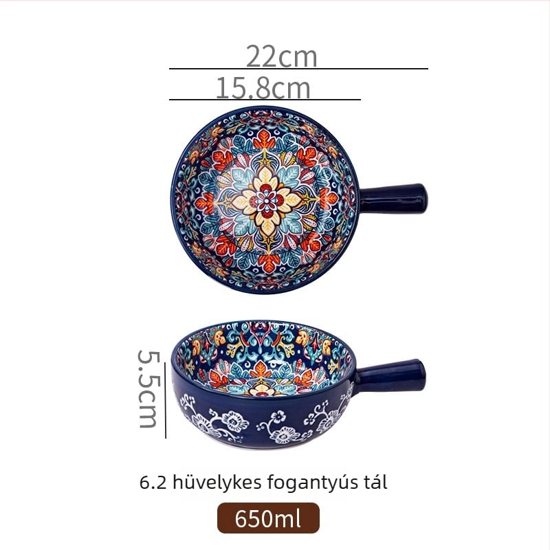 Porcelánból készült salátás tál fogantyúval, növényi mintával, nordic stílus, kör alakú, mikróban használható