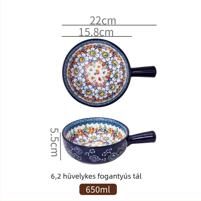 Porcelánból készült salátás tál fogantyúval, növényi mintával, nordic stílus, kör alakú, mikróban használható