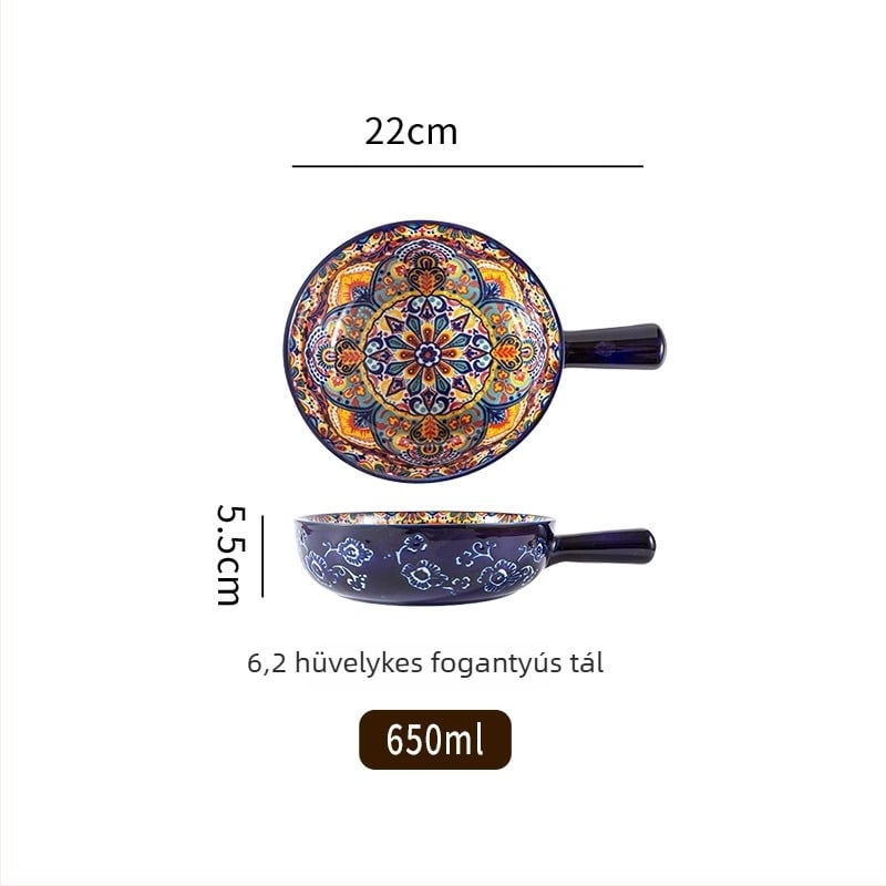 Porcelánból készült salátás tál fogantyúval, növényi mintával, nordic stílus, kör alakú, mikróban használható
