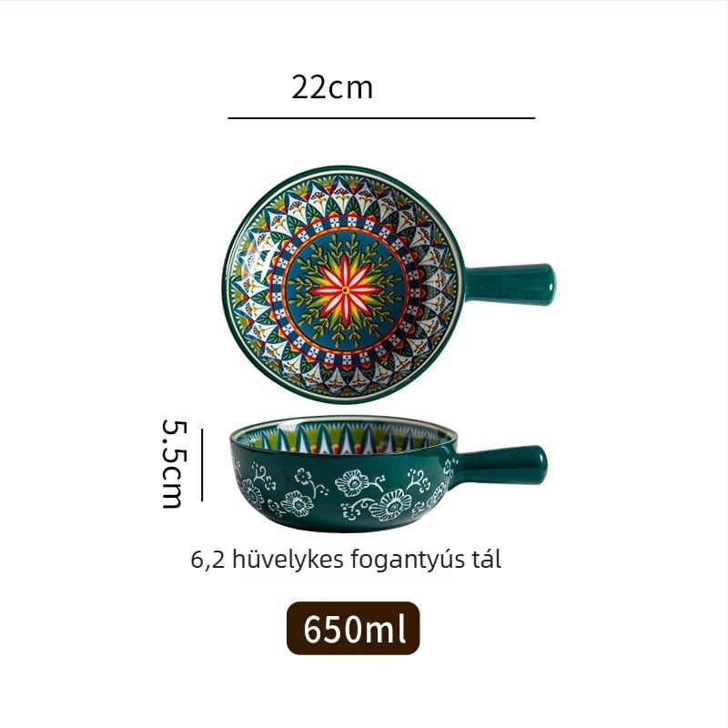 Porcelánból készült salátás tál fogantyúval, növényi mintával, nordic stílus, kör alakú, mikróban használható