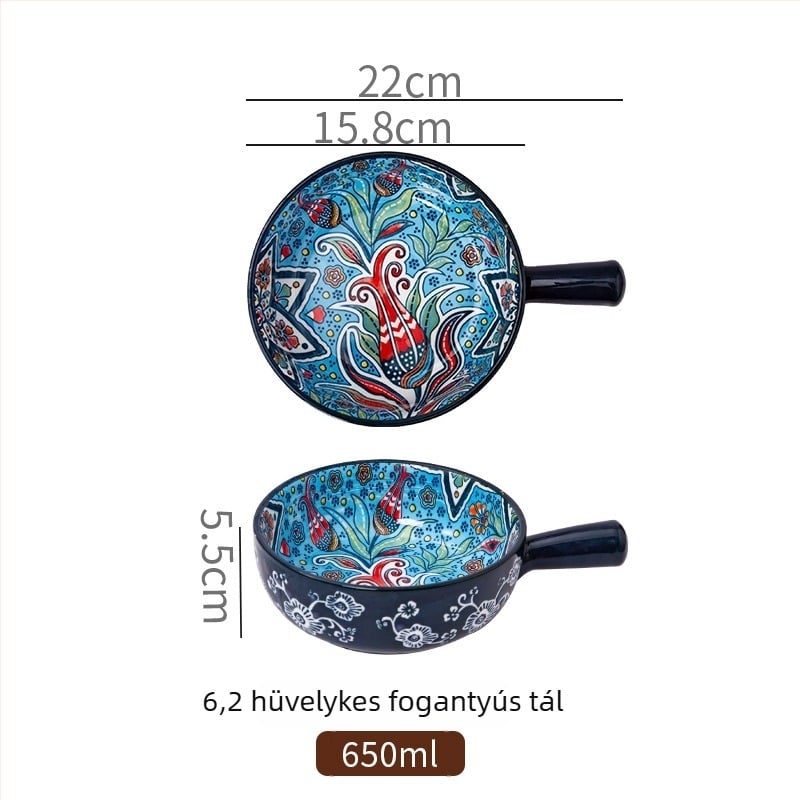 Porcelánból készült salátás tál fogantyúval, növényi mintával, nordic stílus, kör alakú, mikróban használható