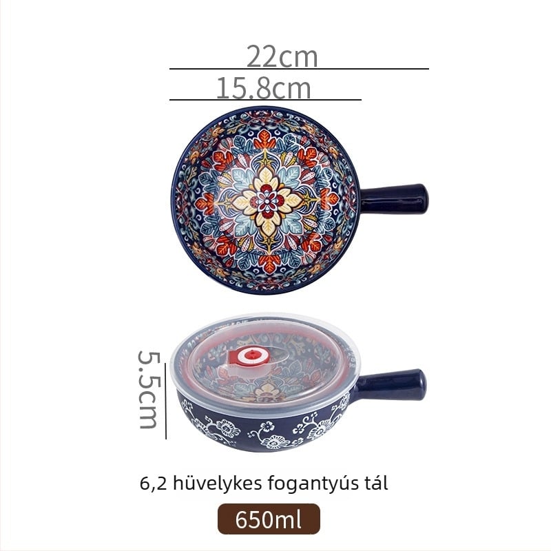 Porcelánból készült salátás tál fogantyúval, növényi mintával, nordic stílus, kör alakú, mikróban használható